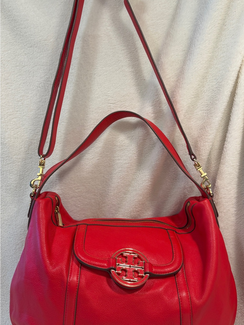 Tory Burch Bright Red Leather Shoulder Bag with Logo Medallion